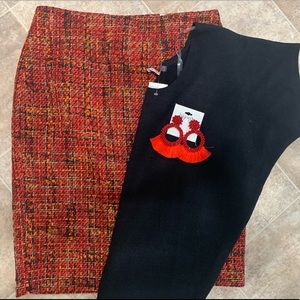 New w/Tags Outfit Karl Langerfeld Tweed Skirt (4), Black Sweater, FringeEarrings